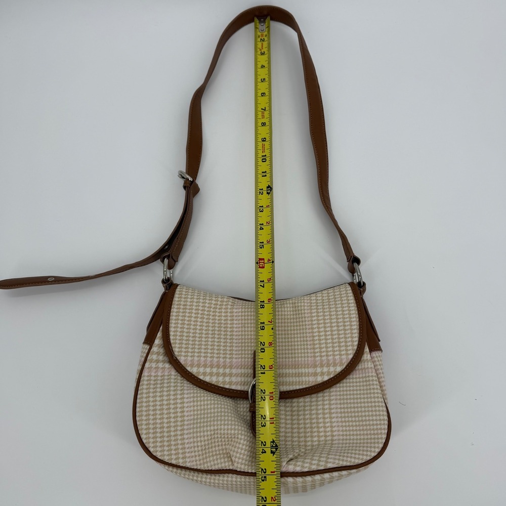 Y2K Satchel Houndstooth Crossbody Bag Brown Trim Pink Lining Adjustable Strap - Picture 8 of 8